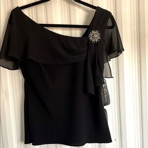 Elegant Black Ruffle Sleeved Top with Rhinestone Brooch Womens‎ 8